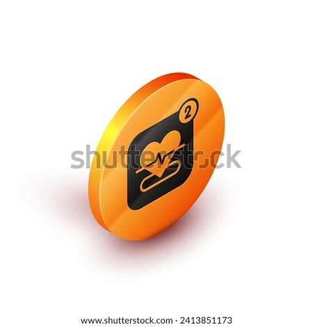 Isometric Smartphone with heart rate monitor function icon isolated on white background. Orange circle button. Vector