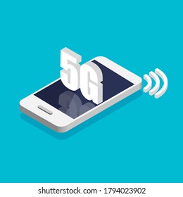 Isometric smartphone with high speed 5g technology. Phone with internet signal symbol on a display. Vector illustration.