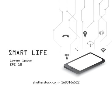 isometrische Smartphone-Vektorillustration mit Internetzeichen auf weißem, digitalem Hintergrund, Smartlife-Konzept