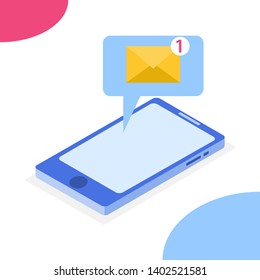 Isometric smartphone, incoming message on smartphone. Vector illustration of a smartphone with a letter isolated on white background. Vector.
