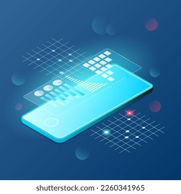 Isometric smartphone with infographic elements on a blue gradient background. 3d vector illustration in techno style