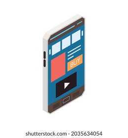 Isometric smartphone interface with app or website for buying cinema tickets online 3d vector illustration