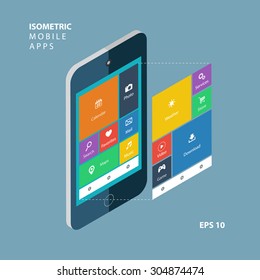 Isometric smartphone with an interface elements. Isometric mobile apps concept. Flat design modern vector illustration.