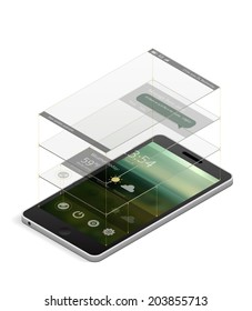 Isometric smartphone with an interface layout template. Different interface elements on different layers shown as glass rectangles above the screen. EPS10 vector illustration.