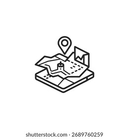Smartphone isométrico con mapa y pin de ubicación. Concepto de navegación, viajes y tecnología móvil. Ilustración vectorial de estilo de contorno moderno aislado en blanco. 