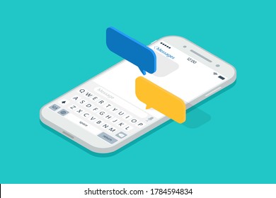 Isometric Smartphone With Messages Chat. Push Sms In Cellphone. 3d Notification In Mobile Screen. Speech Bubble For Social Talk In Phone. App For Mail, Support, Online Dialog And Feedback. Vector.