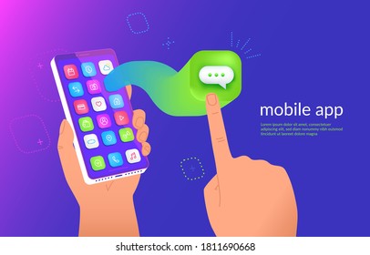 Isometrisches Smartphone mit Messaging-Anwendung, die den Bildschirm für eine Präsentation ausfliegt. Mobile Chatting Icon für soziale Medien und Nachrichten. Gradient Dynamic Design for Promo, Werbe- und Landing Page