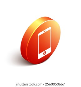 Isometric Smartphone, mobile phone icon isolated on white background. Orange circle button. Vector Illustration