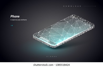 Isometric Smartphone or mobile phone. Low poly wireframe isolated on dark background. Concept of technology. Mock up phone. Plexus lines and points in the constellation. Polygonal mobile phone