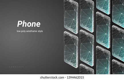 Isometric Smartphone or mobile phone. Polygonal wireframe composition  isolated on dark background. Concept of technology. Mock up phone. Particles are connected in a geometric silhouette. 
