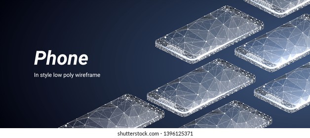 Isometric Smartphone or mobile phone. Polygonal wireframe composition  isolated on dark background. Concept of technology. Mock up phone. Particles are connected in a geometric silhouette. 