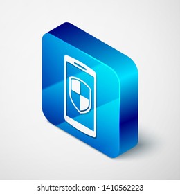 Isometric Smartphone, mobile phone with security shield icon isolated on white background. Blue square button. Vector Illustration