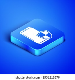 Isometric Smartphone, mobile phone with security shield icon isolated on blue background. Security, Security, safety, protection concept. Blue square button. Vector Illustration