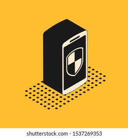 Isometric Smartphone, mobile phone with security shield icon isolated on yellow background.  Vector Illustration
