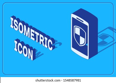 Isometric Smartphone, mobile phone with security shield icon isolated on blue background.  Vector Illustration