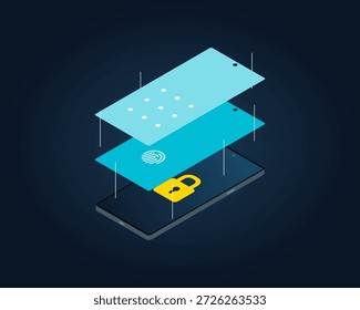 Sistema de segurança multicamada para smartphone isométrico. Vetor 3D ilustração de vista explodida de telefone celular com cadeado, impressão digital e bloqueio de padrão para conceito de proteção de dados cibernéticos.