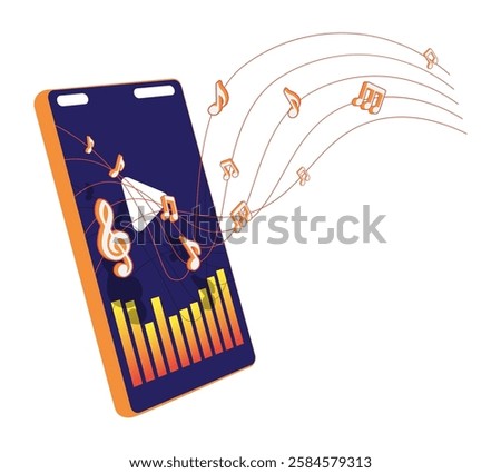 Isometric smartphone and musical notes floating along musical chord lines. Listening of melodies and compositions in phone and portable devices. 3D vector concept isolated on white background