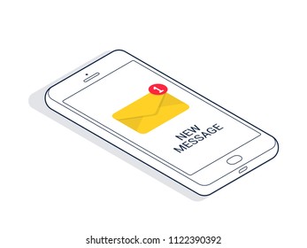 Isometric smartphone with new email or sms message. Vector illustration