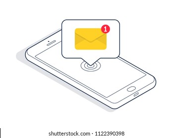 Teléfono inteligente isométrico con nuevo mensaje de correo electrónico o sms. Ilustración del vector