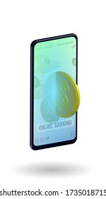 smartphone isométrico. Pagos en línea a través de banca por Internet. Compras seguras y ecommerce. Transferencias instantáneas de dinero. Vector