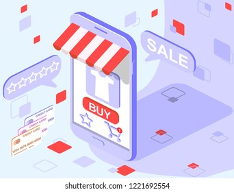 Isometric Smartphone online shopping concept with online marketplace. Online store, shopping cart icon, process of online buying . Ecommerce vector isometric illustration