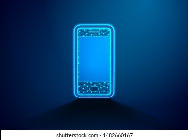 Isometric Smartphone. Phone with geometric structure, Communication concept. Abstract Low Poly Wireframe Mesh Design. Vector Illustration / Background