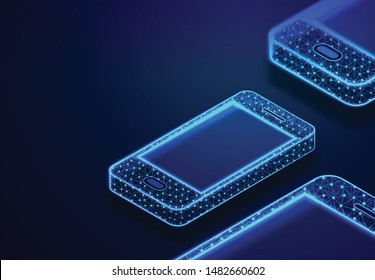 Isometric Smartphone. Phone with geometric structure, Communication concept. Abstract Low Poly Wireframe Mesh Design. Vector Illustration / Background