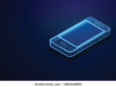 Isometric Smartphone. Phone with geometric structure, Communication concept. Abstract Low Poly Wireframe Mesh Design. Vector Illustration / Background