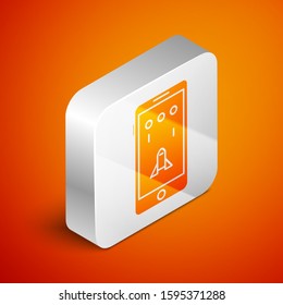 Isometric Smartphone and playing in game icon isolated on orange background. Mobile gaming concept. Silver square button. Vector Illustration