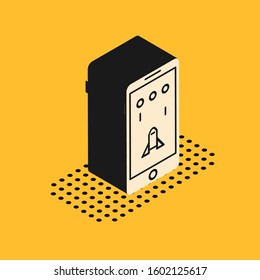 Isometric Smartphone and playing in game icon isolated on yellow background. Mobile gaming concept.  Vector Illustration