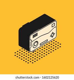 Isometric Smartphone and playing in game icon isolated on yellow background. Mobile gaming concept.  Vector Illustration