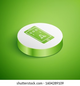 Isometric Smartphone and playing in game icon isolated on green background. Mobile gaming concept. White circle button. Vector Illustration