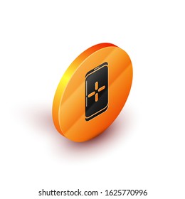 Isometric Smartphone and playing in game icon isolated on white background. Mobile gaming concept. Orange circle button. Vector Illustration