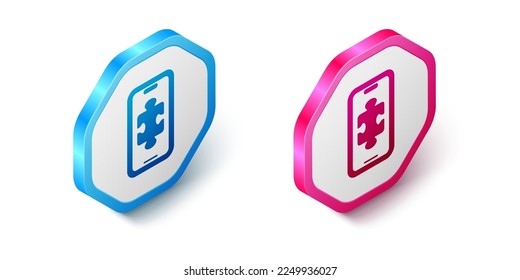 Isometric Smartphone and playing in game icon isolated on white background. Mobile gaming concept. Hexagon button. Vector