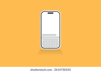 Isometric smartphone with QWERTY keyboard and blank screen on orange background
