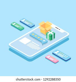 Isometric Smartphone Rating Star Bubble Speeches,ecommerce Application Vector. Customer Reviews. Review Rating On Mobile Phone, Feedback Vector Illustration. Reading Customer Review In Smart Phone.