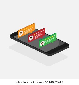 isometric smartphone rating star bubble speeches,ecommerce application vector