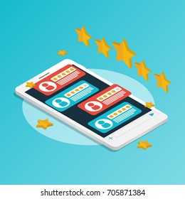 isometric smartphone rating star bubble speeches,ecommerce application vector