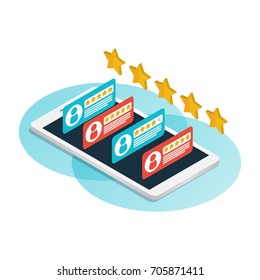 isometric smartphone rating star bubble speeches,ecommerce application vector