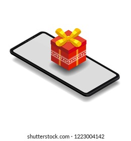 Isometric smartphone with red gift box. Online shopping concept. Sale, e-commerce, retailing, discount theme. Creative flyer, poster template. Baner, poster, vector