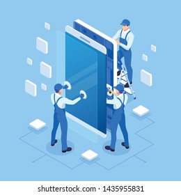 Isometric smartphone repair and service banner template. Repairing electronics.  Men in the uniform of a telephone repair service - Shutterstock ID 1435955831