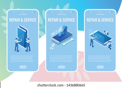 Isometric smartphone repair service concept. Electronics repair service. Same day phone repair landing page website template