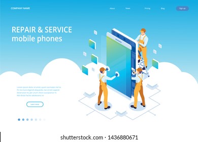 Isometric Smartphone Repair Service Concept. Electronics Repair Service. Same Day Phone Repair Landing Page Website Template