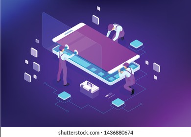 Isometric smartphone repair service concept. Electronics repair service. Same day phone repair landing page website template