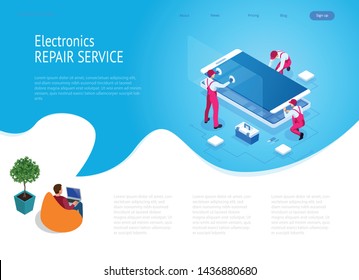 Isometric smartphone repair service concept. Electronics repair service. Same day phone repair landing page website template