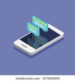 Isometric smartphone with reviews rate on the screen. Review rating bubble speeches on mobile phone. Bubble speeches concept. Vector illustration.	