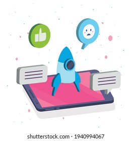 Isometric smartphone rocket e iconos