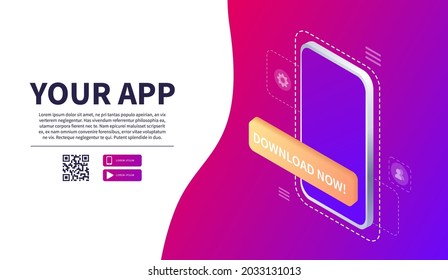 Isometric Smartphone scanning qr code. Download page of the mobile app. Web banner. Concept web design, website page development. Qr code verification landing page. Template