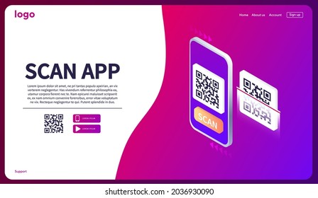 Isometric Smartphone scanning qr code. Download page of the mobile app. Web banner. Concept web design, website page development. Qr code verification landing page. Template