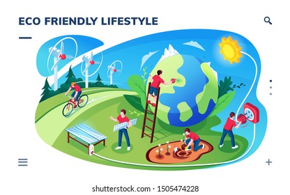 Isometric smartphone screen with eco friendly lifestyle concept. Ecology and green earth, sustainable energy. Wind turbine and solar panel electricity, sun and earth, flowers. Planet day theme